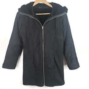 NILS Black Hooded Faux Fur Lined Zip Front Coat S